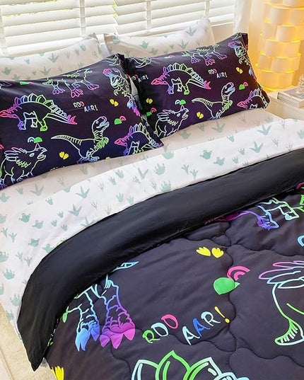 7 Piece Dinosaur Comforter Set -Twin Size for Boys 3D Print Sketch Dinosaur Bedding Set Bed in A Bag for Kids Teens Rainbow-Colored Gradient Line Animal Comforter - LeafyLoom