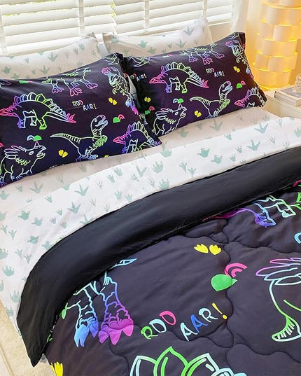 7 Piece Boys Dinosaur Comforter Bedding Set Bed in A Bag Full Size for Kid Girls Teens Dinosaurs Animal 3D Print Gradient Line Bedding Set with Comforter Sheet Set Pillowcase and Sham - LeafyLoom