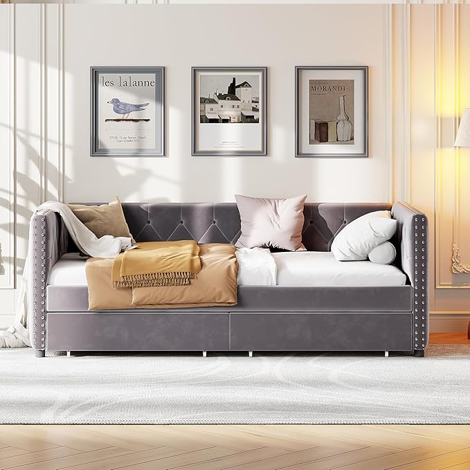 Twin Size Velvet Upholstered Daybed with Two Storage Drawers, Solid Wood Bed w/Button Tufted Backrest, for Living Room, Bedroom, Dorm, No Box Spring Needed - LeafyLoom