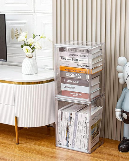 FABROK 2Pcs Clear Book Storage Organizer Box, Plastic Stackable Book Display Case with Magnetic Door, Assemble Storage Showcase for Toy Dolls, Books, Shoes Organizing - LeafyLoom