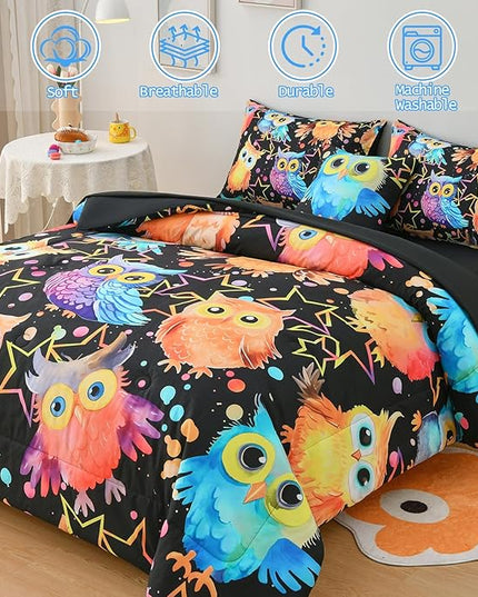 DORCAS Full Bedding Set with Comforter, Sheets for Kids, 6 Pieces, Owl, All Seasons, Unisex, Polyester, Machine Wash, Cute Owl Theme Design - LeafyLoom