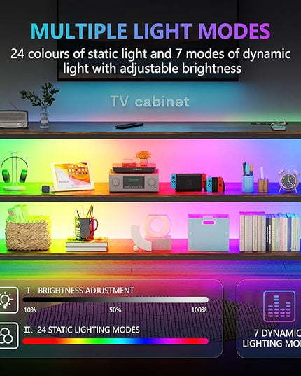 Lvifur LED TV Stand up to 70''Televisions, Farmhouse TV Console Table with RGB 24 Colors Dimmable, Industrial Entertainment Center with Human Body Sensor for Living Room Bedroom - LeafyLoom