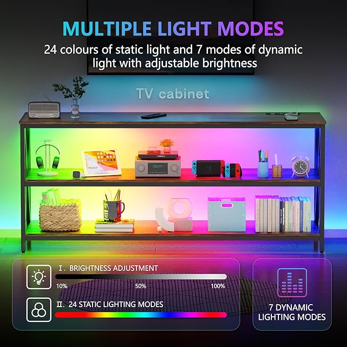 Lvifur LED TV Stand up to 70''Televisions, Farmhouse TV Console Table with RGB 24 Colors Dimmable, Industrial Entertainment Center with Human Body Sensor for Living Room Bedroom - LeafyLoom