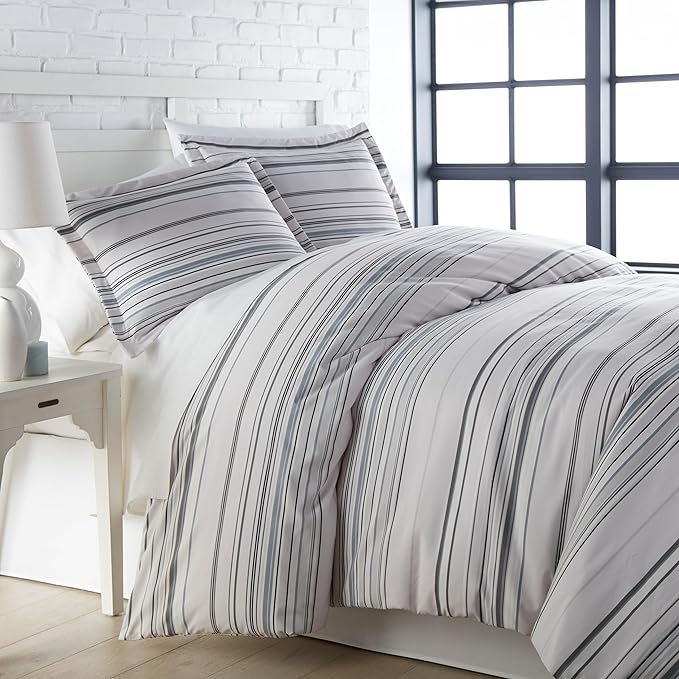 Southshore Fine Living, Inc. Twin Comforter Set, Down Alternative All-Season Striped Comforter with Matching Pillow Sham, Soft Coastal Bedspread for Twin or Twin XL Bed, Coastal Stripes Grey - LeafyLoom