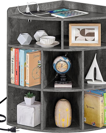 Vecelo Corner Cabinet with Charging Station, 3-Tier Cube Storage Organizer with USB Ports and Outlets, Triangle Bookcases with 8 Cubbies for Playroom, Bedroom, Living Room, Grey - LeafyLoom
