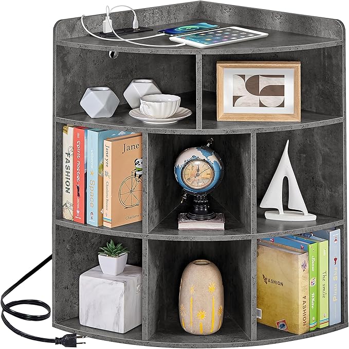 Vecelo Corner Cabinet with Charging Station, 3-Tier Cube Storage Organizer with USB Ports and Outlets, Triangle Bookcases with 8 Cubbies for Playroom, Bedroom, Living Room, Grey - LeafyLoom