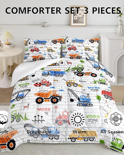 Axolotl Construction Comforter Set Queen,Excavator Bedding Set,Construction Vehicles Comforter Set,Excavator Comforter,Excavator Tractor Trucks Bedding Set for Kids Boys Teens,1 Quilt 2 Pillowcases - LeafyLoom