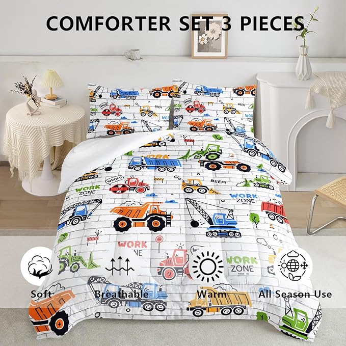 Axolotl Construction Comforter Set Twin,Excavator Bedding Set,Construction Vehicles Comforter Set,Excavator Comforter,Excavator Tractor Trucks Bedding Set for Kids Boys Teens,1 Quilt 2 Pillowcases - LeafyLoom