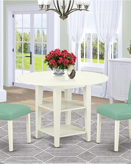 East West Furniture SUEN3-LWH-57 3 Piece Dining Set Contains a Round Dining Room Table with Dropleaf & Shelves and 2 Pond Faux Leather Upholstered Chairs, 42x42 Inch, Linen White - LeafyLoom