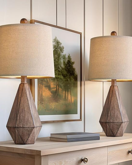 PoKat 20.25" Retro Farmhouse Table Lamp Set of 2 for Living Room Bedroom Rustic Linen Bedside Nightstand Lamps for Kids Room Study Room Office Table Lamps Resin - LeafyLoom
