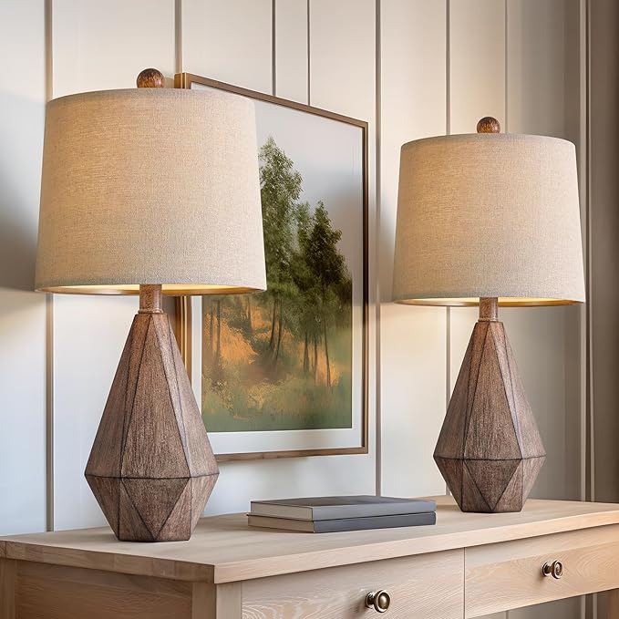 PoKat 20.25" Retro Farmhouse Table Lamp Set of 2 for Living Room Bedroom Rustic Linen Bedside Nightstand Lamps for Kids Room Study Room Office Table Lamps Resin - LeafyLoom