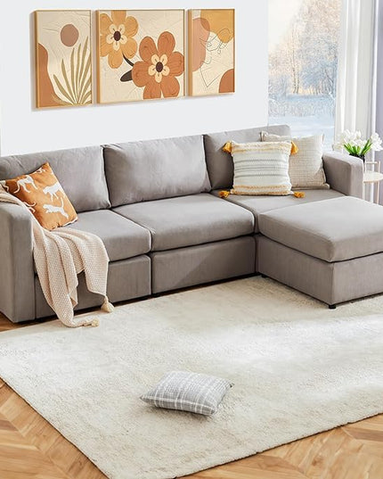 Sweetcrispy Convertible Modular Sectional Sofa, 4 Seat Sectional Couches for Living Room, L-Shaped Modern Fabric Modular Sofa Sleeper with Double Chaise for Home, Apartment, Dorm, Grey - LeafyLoom