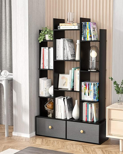 Unikito Book Shelf with 2 Drawers Free Standing Bookcase, Office Storage Shelf Organizer with 12 Open Bookshelf, Industrial Wood Book Case Display Rack for Bedroom, Living Room Home Office, Black - LeafyLoom