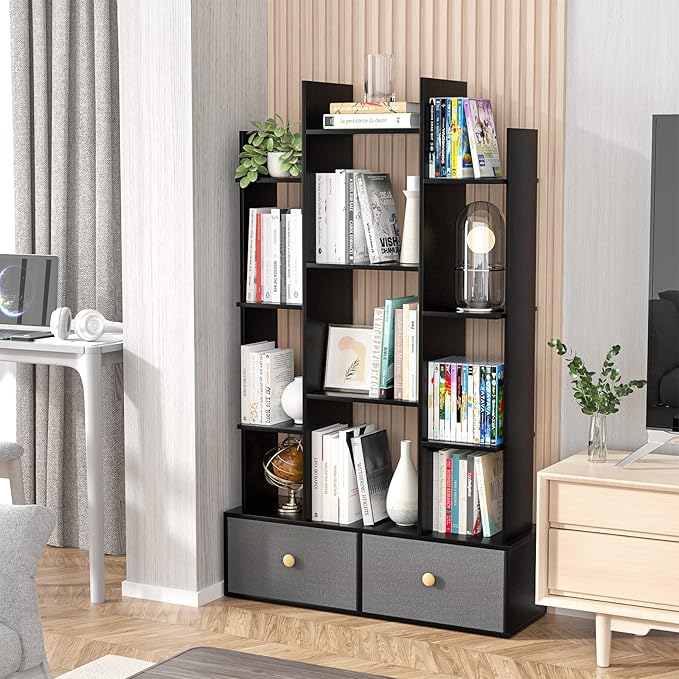 Unikito Book Shelf with 2 Drawers Free Standing Bookcase, Office Storage Shelf Organizer with 12 Open Bookshelf, Industrial Wood Book Case Display Rack for Bedroom, Living Room Home Office, Black - LeafyLoom