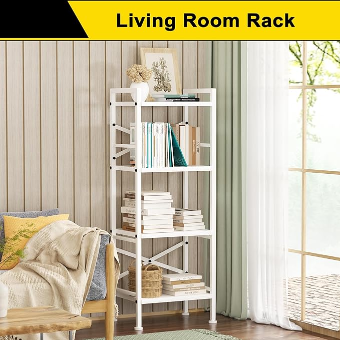 4 Tier Book Shelf, Small Bookshelf Storage Organizer, Tall Narrow Bookcase with Storage Shelves, Wooden Industrial Office Shelves for Bedroom, Living Room, White - LeafyLoom