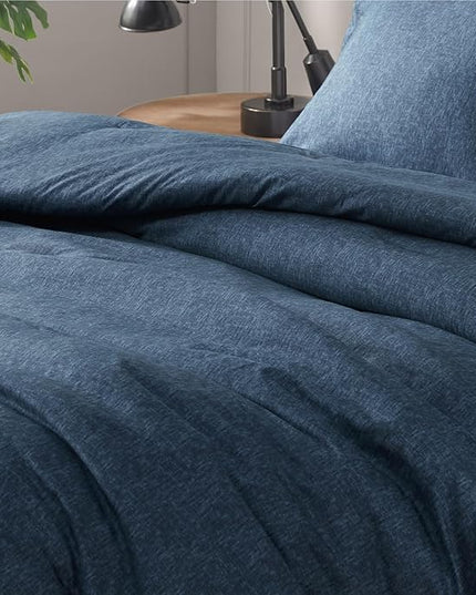 Blue King Comforter Set - Navy Soft Luxury Chambray Printed, All Season Lightweight Breathable Bedding Set, 3 Pieces Including 1 Comforter and 2 Pillow Shams - LeafyLoom