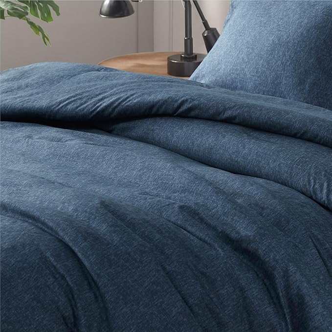Blue King Comforter Set - Navy Soft Luxury Chambray Printed, All Season Lightweight Breathable Bedding Set, 3 Pieces Including 1 Comforter and 2 Pillow Shams - LeafyLoom