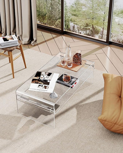 Acrylic Coffee Table for Living Room Clear Rectangle Lucite Table with Open Storage Shelf, Clear - LeafyLoom