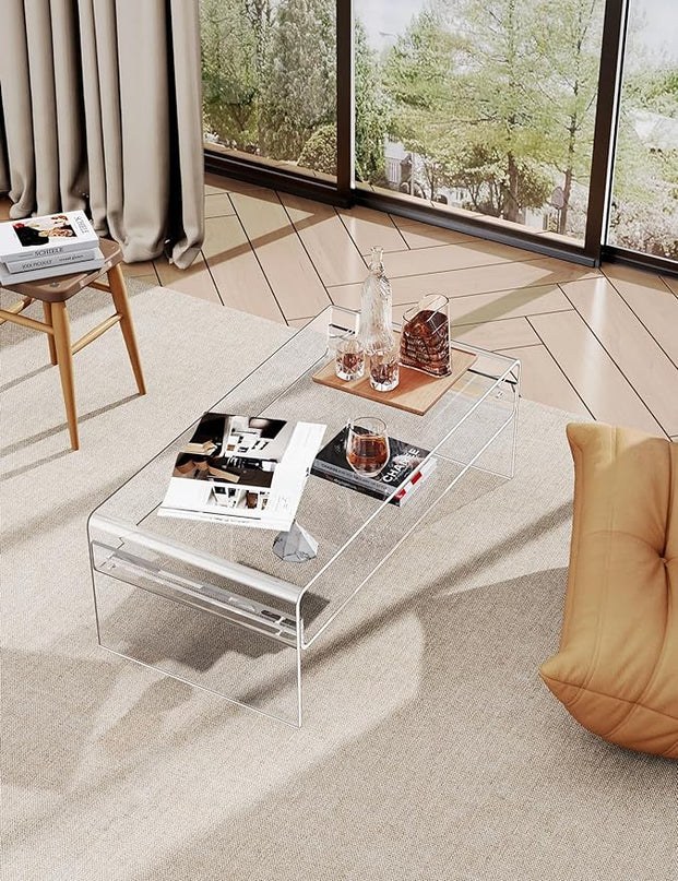 Acrylic Coffee Table for Living Room Clear Rectangle Lucite Table with Open Storage Shelf, Clear - LeafyLoom