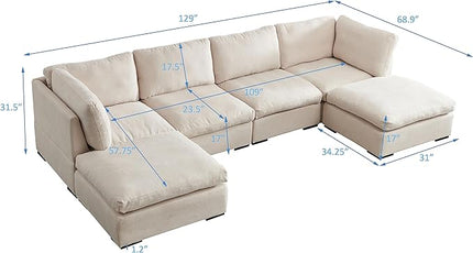 U Shaped Down Filled Oversized Cloud Couch with Double Chaise, Deep Seat Free Combination Convertible Corner Sectional Sofa Bed with Detachable Backrest and Wooden Legs for Living Room Office - LeafyLoom