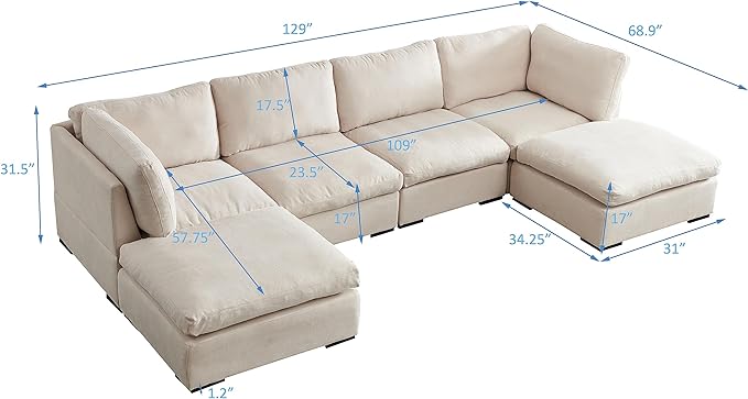 U Shaped Down Filled Oversized Cloud Couch with Double Chaise, Deep Seat Free Combination Convertible Corner Sectional Sofa Bed with Detachable Backrest and Wooden Legs for Living Room Office - LeafyLoom