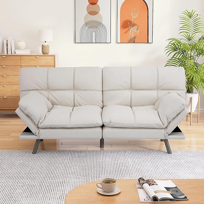 Memory Foam Faux Leather Futon Sofa Bed Couch,Convertible Futon Sofa Couch,Loveseat Sleeper Sofa Bed,Small Splitback Modern Sofa Bed for Living Room,Office,Apartment,White - LeafyLoom