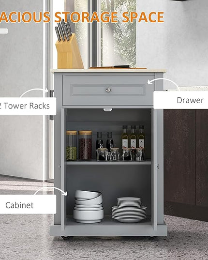 HOMCOM Rolling Kitchen Island Cart, Portable Serving Trolley Table with Drawer, Adjustable Shelf and 2 Towel Racks, Grey - LeafyLoom