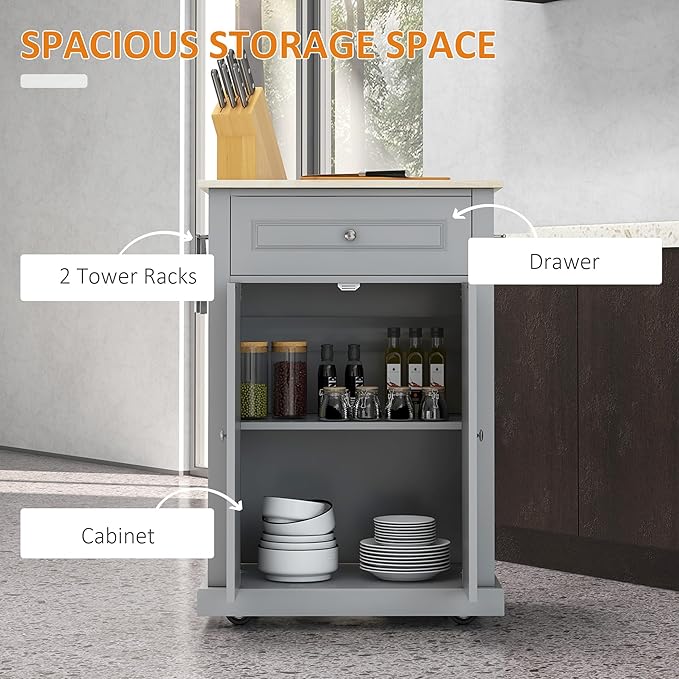 HOMCOM Rolling Kitchen Island Cart, Portable Serving Trolley Table with Drawer, Adjustable Shelf and 2 Towel Racks, Grey - LeafyLoom