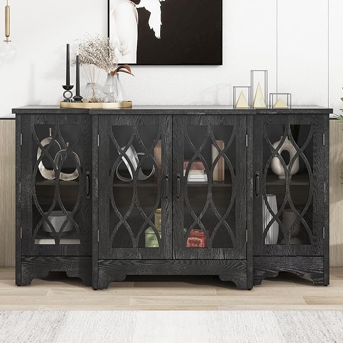 58" Retro Sideboard Glass Door with Curved Line Design,Wood Ample Storage Cabinet,W/Black Handle and Three Adjustable Shelves,for Dining Living Room Entryway - LeafyLoom