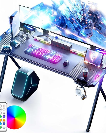 Dowinx Gaming Desk with LED Lights, RGB Gaming Computer Table with Carbon Fibre Surface, LED Home Office Desk with Remote Control, Pc Workstation with Cup Holder and Headphone Hook, 55 Inch, Black - LeafyLoom