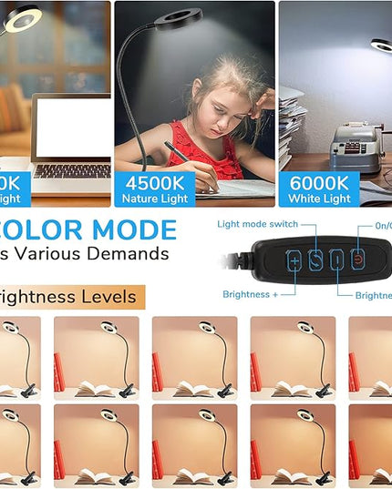 Clip on Desk Lamps,48 LEDs 360°Flexible Gooseneck Reading Table Light,3 Color Modes, 10 Brightness, USB Clamp Books Night Light for Home, Office, Dorm - LeafyLoom