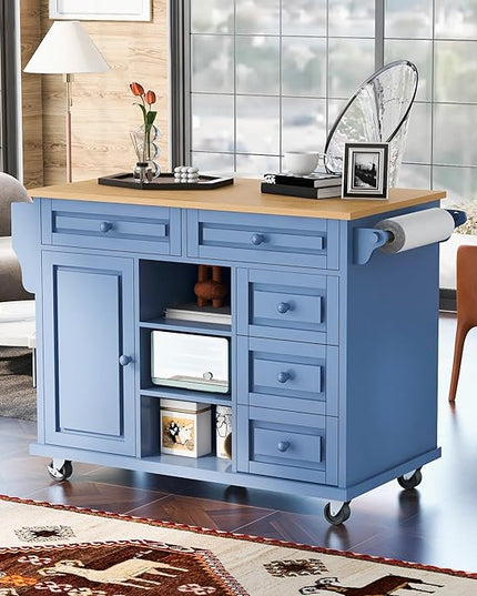 Island with Storage Cabinets, Rolling Mobile Kitchen-cart with Rubber Wood Desktop and 5 Drawers & Open Shelves, Sideboard for Dining Room, Home Bar, Blue, 52.8 Inch - LeafyLoom