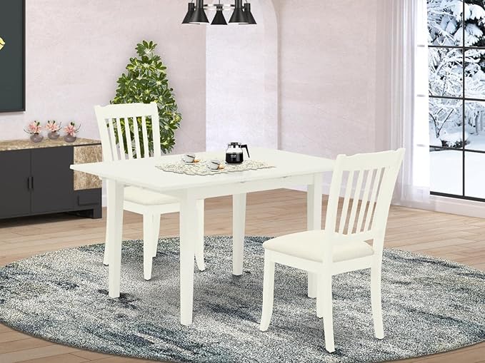 East West Furniture NODA3-LWH-C 3 Piece Dining Room Table Set Contains a Rectangle Kitchen Table with Butterfly Leaf and 2 Linen Fabric Upholstered Chairs, 32x54 Inch, Linen White - LeafyLoom