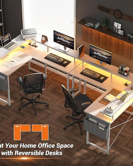 armocity L Shaped Computer Desk with Power Outlets, 40 Inch Small Gaming Desk L Shaped with LED Lights, Corner L Desk with Storage Shelves for Bedroom, Small Spaces, White - LeafyLoom