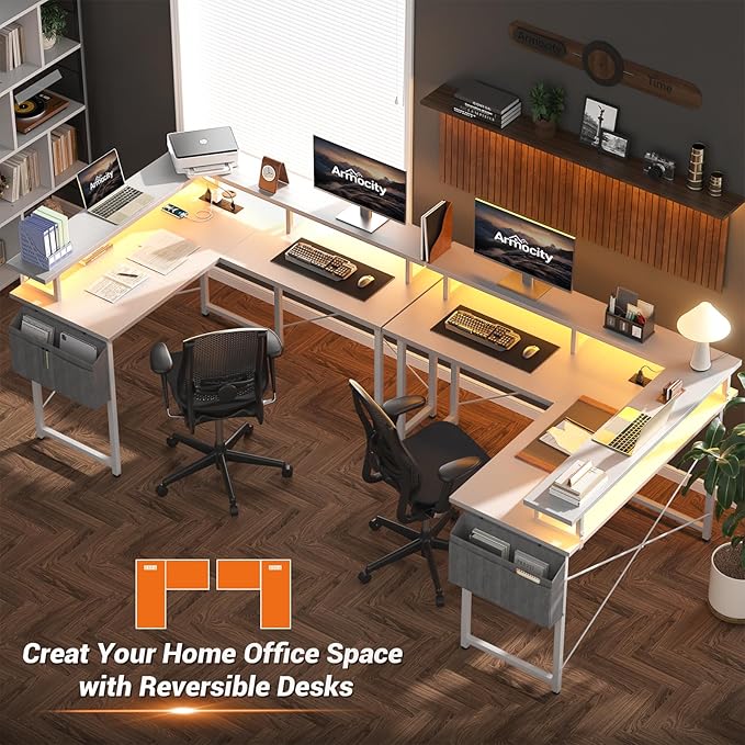 armocity L Shaped Computer Desk with Power Outlets, 40 Inch Small Gaming Desk L Shaped with LED Lights, Corner L Desk with Storage Shelves for Bedroom, Small Spaces, White - LeafyLoom