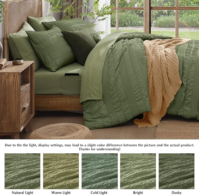 CASAAGUSTO King Size Comforter Set, 7 Pieces Olive Green Seersucker King Bed in a Bag Soft All Seasons, Bedding Sets King with Comforter, Flat Sheet, Fitted Sheet, 2 Pillow Shams, 2 Pillowcases - LeafyLoom