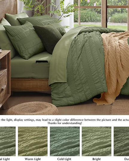 CASAAGUSTO Queen Comforter Set, 7 Pieces Olive Green Seersucker Bed in a Bag Queen Size Soft All Seasons, Bedding Sets with Comforter, Flat Sheet, Fitted Sheet, 2 Pillow Shams, 2 Pillowcases - LeafyLoom
