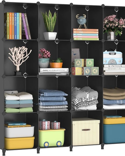 FUNLAX Cube Storage Shelf, 16 Storage Cubes Closet Organizers and Storage Portable Cube Storage Organizer Plastic Bookshelf Bookcase for Study Room, Bedroom, Office, Black - LeafyLoom