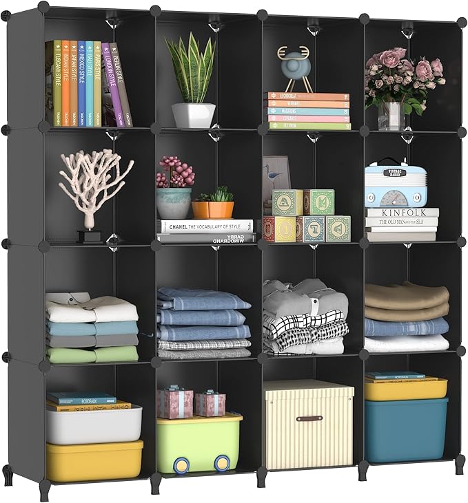 FUNLAX Cube Storage Shelf, 16 Storage Cubes Closet Organizers and Storage Portable Cube Storage Organizer Plastic Bookshelf Bookcase for Study Room, Bedroom, Office, Black - LeafyLoom