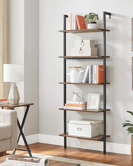 VASAGLE Industrial Ladder Shelf, 5-Tier Bookshelf, Wood Wall Mounted Shelf, Storage Rack Display Shelves for Living Room, Home Office, 23.6 x 11.8 x 67.7 Inches, Rustic Brown and Black ULLS102B01 - LeafyLoom