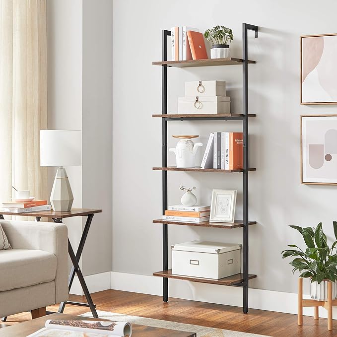 VASAGLE Industrial Ladder Shelf, 5-Tier Bookshelf, Wood Wall Mounted Shelf, Storage Rack Display Shelves for Living Room, Home Office, 23.6 x 11.8 x 67.7 Inches, Rustic Brown and Black ULLS102B01 - LeafyLoom