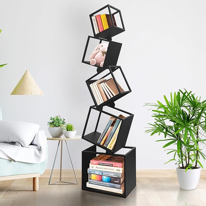 Unique Bookshelf, Book Shelves for Living Room, Geometric Bookcase, Modern Bookcase, Cool Bookshelf, Black Bookshelf, 67" Tall, Metal - LeafyLoom