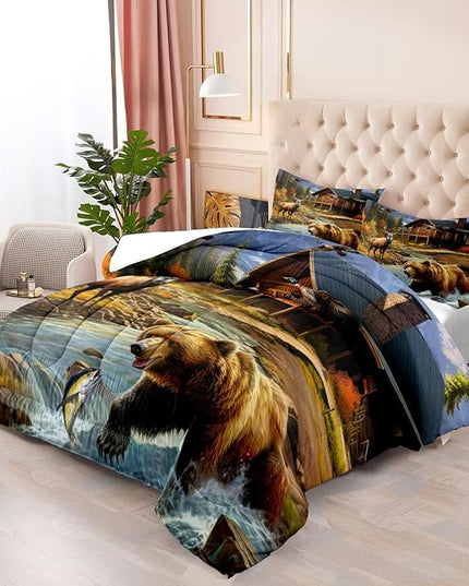 LUVIVIHOME 2PCS Deer Bear Comforter Set Twin Size, Rustic Cabin Bedding, Lake House Country Farmhouse Lodge Wildlife Forest Animal Fish Mallard Duck Hunting Bedroom Decor, Soft Quilt, 1 Pillow Sham - LeafyLoom