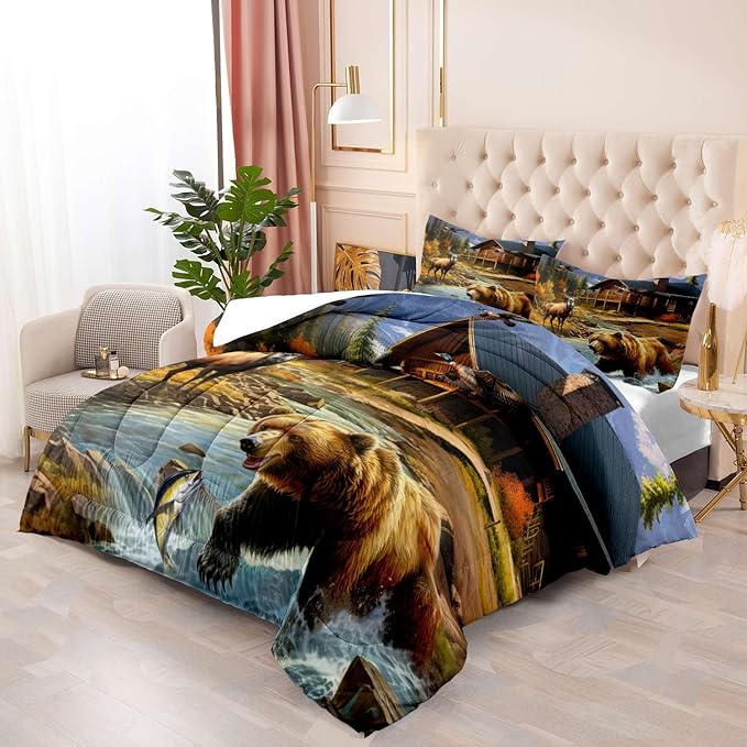 LUVIVIHOME 2PCS Deer Bear Comforter Set Twin Size, Rustic Cabin Bedding, Lake House Country Farmhouse Lodge Wildlife Forest Animal Fish Mallard Duck Hunting Bedroom Decor, Soft Quilt, 1 Pillow Sham - LeafyLoom