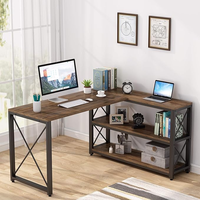 Tribesigns Reversible Industrial L-Shaped Desk with Storage Shelves, Corner Computer Desk PC Laptop Study Table Workstation for Home Office Small Space (Brown, 53") - LeafyLoom