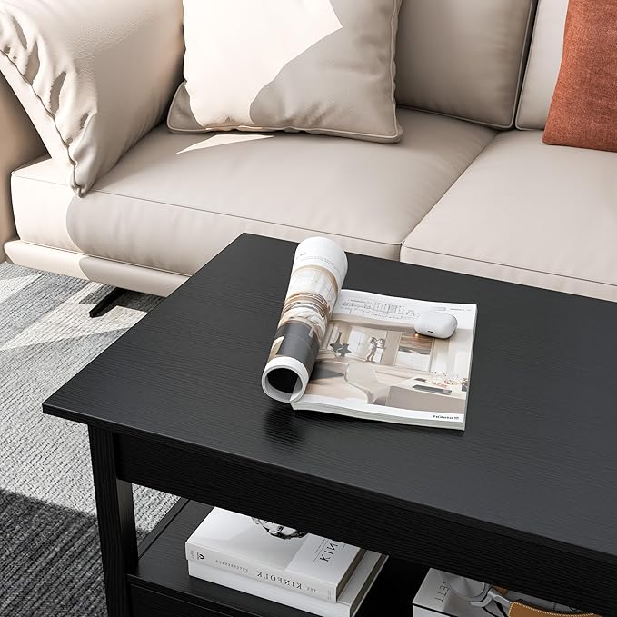 Panana Coffee Table, Lift Top Coffee Table with Hidden Compartment, 2 Drawers and 1 Open Shelf, Retro Central Wooden Table Lift Tabletop for Living Room (Black) - LeafyLoom