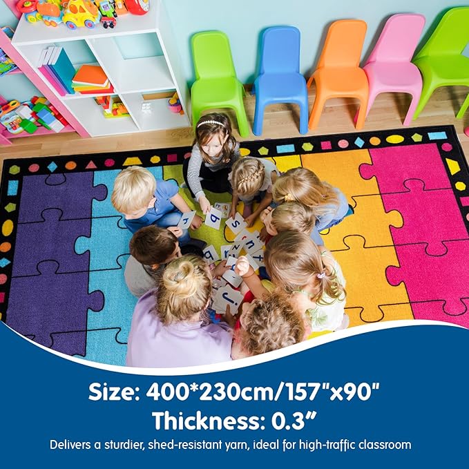 Booooom Jackson Thick Classroom Rug 13'x7'5''Large Puzzle Classroom Carpet Preshool Seating Rug for School, Children's Classroom Area Rug for Classroom with 0.3''Non-Slip Backing (Pro, Purple) - LeafyLoom