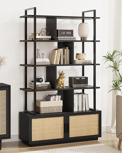GAOMON 5 Tier Rattan Bookshelf with Storage Cabinet & Door, 71.1 Inch Tall Industrial Book Shelf with Open Display Shelves, 5 Shelf Bookcase with Metal Frame for Living Room, Bedroom -Black - LeafyLoom