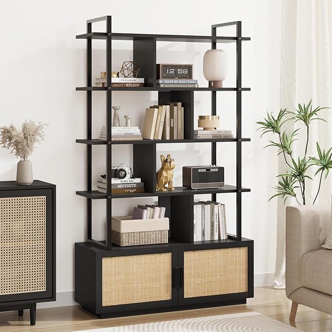 GAOMON 5 Tier Rattan Bookshelf with Storage Cabinet & Door, 71.1 Inch Tall Industrial Book Shelf with Open Display Shelves, 5 Shelf Bookcase with Metal Frame for Living Room, Bedroom -Black - LeafyLoom