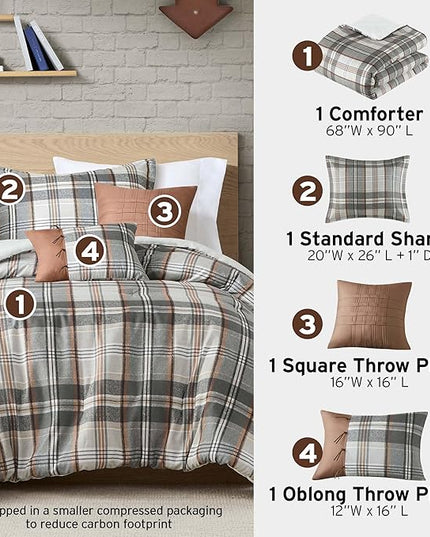 Intelligent Design Twin Comforter Set Plaid Classic Cabin Lodge Comforter Twin Size, Modern Casual, Lightweight All Season Bedding Set Twin, Sham, Décor Pillows, Blake, Twin/Twin XL, Tan/Gray 4 Piece - LeafyLoom